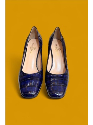 Lacivert  Krokodil Hakiki Deri Topuklu Ayakkabı