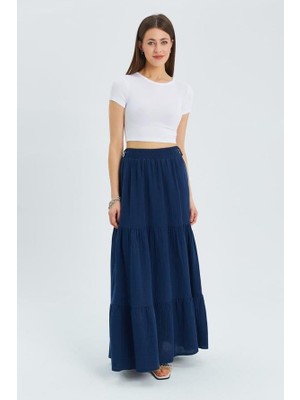 Mixray 4567 Kadın Fırfırlı Uzun Müslin Etek Lacivert