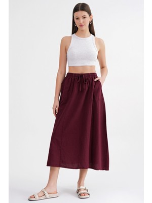 Mixray 4633 Kadın Yandan Cepli Parçalı Etek Bordo