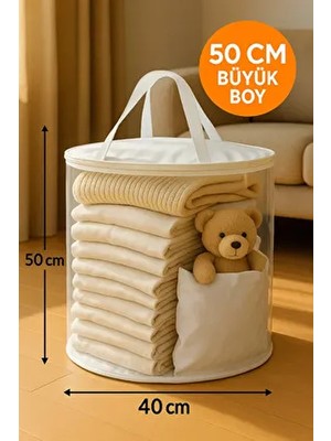 Hig Home 50x40 Şeffaf Silindir Hurç – Büyük Boy, Kapaklı, Taşıma Saplı ve Tela Dokuma Özellikli