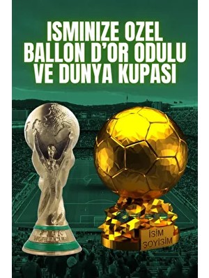 Flexis We Make It Possible For You Isminize Özel Ballon D'or ve Dünya Kupası 15 cm Set Futbol Hediye Doğum Günü Altın Renk