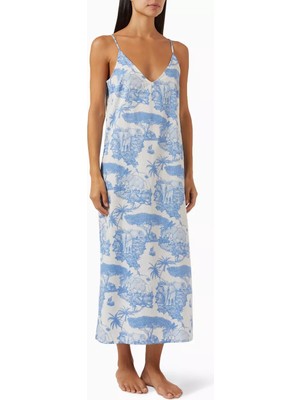 Desmond & Dempsey Loxodonta Kadın Lüks Pamuklu Gecelik Pastel Manzara Desenli Slip Elbise