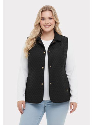 Lilas Xxl Lilas Büyük Beden Siyah Renkli Kapitone Polo Yaka Yelek Kadın Günlük Stil Rahat Kalıp