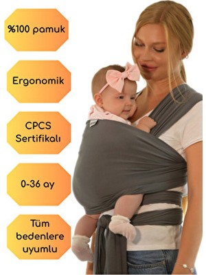 Kycbaby Pamuk CPCS Sertifikalı Ergonomik Bebek Taşıma Şalı 0-36 Ay İçin Gri Renkli Konfor
