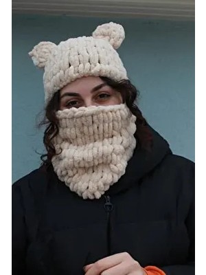 Naz Amigurumi El Örgüsü Yumuşak Ayıcık Kulak Model Balaclava Bere Kahverengi Kış Sezonu Erkekler İçin