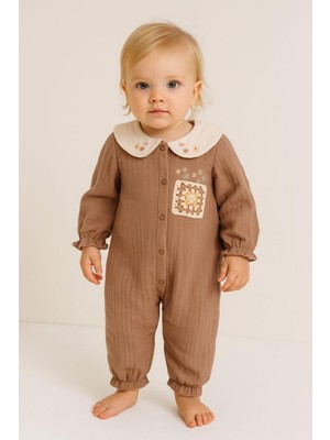 Kız Bebek Müslin Meksika Işlemeli Tulum Kahverengi