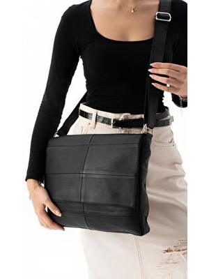 Hakiki Deri Büyük Boy Günlük Kullanım Kadın Heybe Omuz ve Postacı Çanta / Kadın Siyah Heybe Çanta