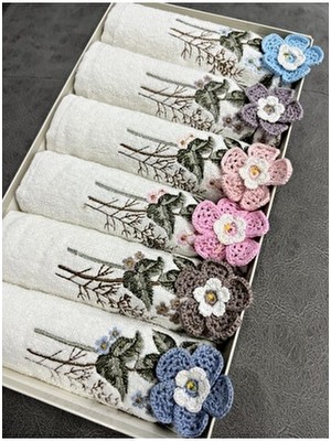 6'lı 3D El Işleme Çiçek Buket Desenli Kutulu Çeyizlik 30X50 Mutfak Havlu Seti