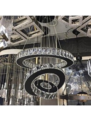 Plaket Kristal Taşlı Siyah Paslanmaz Ledli Kumandalı Avize