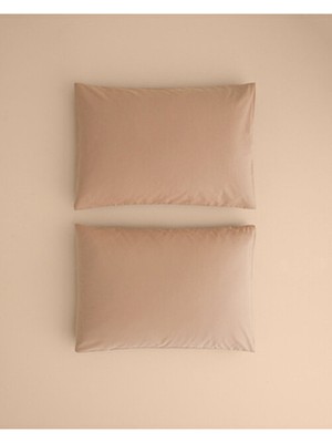 Düz Pamuklu 2'li Yastık Kılıfı Kahve Köpüğü