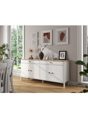 Hunerika Lorena 4 Kapak 2 Çekmeceli Konsol -Wood Beyaz-Minifiks Bağlantılı