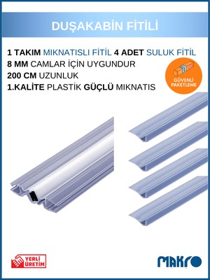 Duşakabin Mıknatıslı Fitil ve 4 Adet Suluk Fitil (F Fitil) 200 cm 8 mm Camlar Için