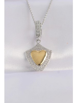 Bfs 316L Çelik Zincir Gümüş Renk Zirkon Taşlı Tasarım Altın Renk Kalp Kolye