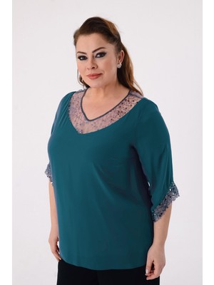 Büyük Beden Yeşil Renkli Şifon V Yaka Abiye Bluz