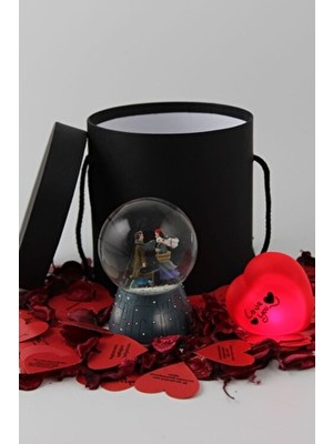 Kar Küresi Müzikli Işıklı Sevgili Temalı Kutu Set Sevgiliye Hediye Siyah Kutu