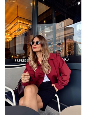 Bordo Pile Detaylı Astarlı Ceket