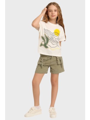 Escabel Önden Çift Cepli Kız Şort - Yeşil Haki