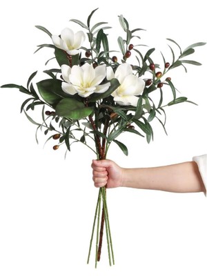 Yapay Çiçek 1dal Beyaz Manolya 3 Kafalı 3ADET Yapay Zeytin Dalı  Uzun Dal Çiçek Flowers 80CM