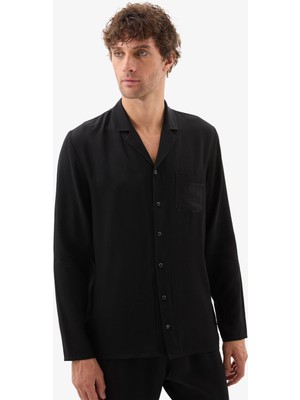 Erkek Siyah Pijama Takımı – Uzun Kollu, Önden Düğmeli, Gömlek Yaka C6T9N704