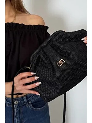 Kadın Siyah Hasır Görünümlü El ve Omuz Askılı Clutch Çanta