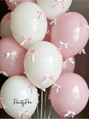 Pembe Fiyonk Kurdeleli Pembe-Beyaz Balon Seti 10'lu Doğum Günü Seti Fiyonklu Balon, Kurdeleli Balon