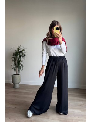 Siyah Beli Lastikli Bol Paça Dökümlü Saten Pantolon