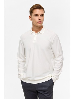 Beyaz Regular Düz Polo Yaka Sweatshirt