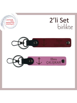Çıpa Desenli Anahtarlık, Denizciler Için Isme Özel 2’li Hatıralık Deri Set, Bordo-Pembe