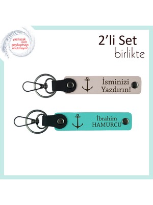 Kişiye Özel Isim Yazılı, Çapa Motifli Anahtarlık, Denizci Ruhu Taşıyan Hediye, Pudra-Turkuaz