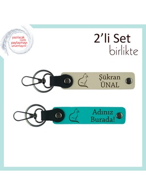 Kedili Kombinlere Sevimli Hediye, Patili Desenli, Kişisel Yazılı Anahtarlık, Sütlü Kahve-K Turkuaz