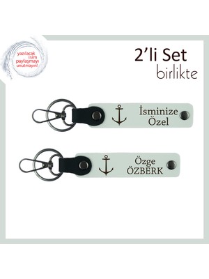 Gemici Çıpası Temalı Deri Anahtarlık Seti, Isme Özel Denizci Hediye Seçeneği, Beyaz-Beyaz