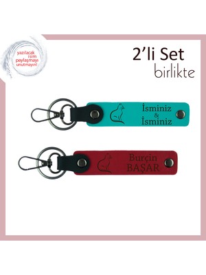 Kedili Hediye Vermek Isteyenlere, Sevimli Figürlü, Kişisel Isimli Anahtarlık, Koyu Turkuaz-Kırmızı