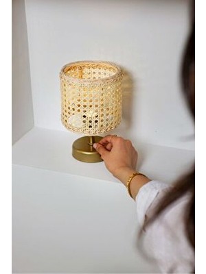 Maison Avf Hazeran & Rattan Masa Üstü Kablosuz Pilli Abajur Eskitme Gold Modern Tasarım
