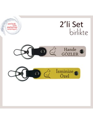 Kedili Ruh Haline En Yakın Hediye, Patili Desen, Kişisel Anahtarlık, Pudra-Sarı