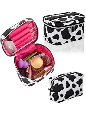 Seyahat Makyaj Organizeri Çok Fonksiyonlu Kozmetik Çantası Kumaş - 2'li Set Dalmaçya Desenli