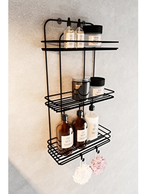 Ömür Boyu Paslanmaz Yapışkanlı Düz Banyo Düzenleyici Şampuanlık Duş Rafı Siyah 2 Adet Lif Kancalı