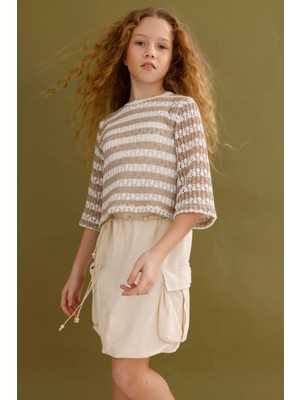 Çizgili Triko Kız Bluz - Kahverengi