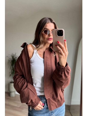 Kahverengi Beli Lastikli Fermuarlı Astarlı Su Geçirmez Bomber Ceket