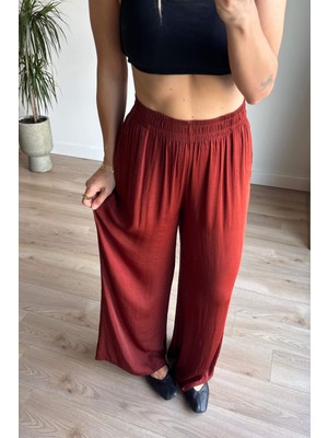 Kiremit Beli Lastikli Bol Paça Dökümlü Saten Pantolon