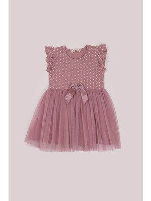 Kalpli Tüllü Elbise - Pudra