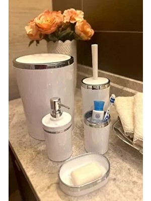 Banyo Seti 5'li, Yuvarlak, Akrilik-Çöp Kovası, Wc Fırçalık, Sıvı Sabunluk, Diş Fırçalık, El Sabunluk