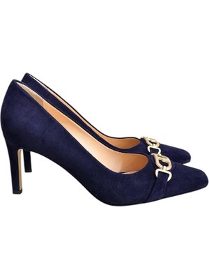 Lacivert Süet Hakiki Deri Toka Detay Topuklu Ayakkabı