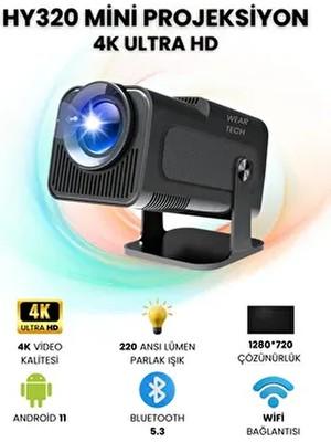 HY320 Mini Taşınabilir Projeksiyon Cihazı Ultra Hd Android Ev Projektörü Wifi,bluetooth,hdmı