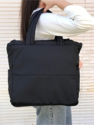 Siyah Kabartmalı Puf Kumaş Shopper Çanta