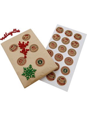 Yılbaşı Temalı Kraft Hediye Paketi Etiketi 4 cm Merry Christmas Karışık Baskılı Etiket 24 Adet