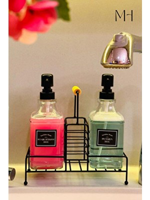 Modern Cam Ikili Sıvı Sabunluk & Deterjanlık SETI-450 ml Cam Sabunluk, Metal Stand'lı, Ahşap Kulplu