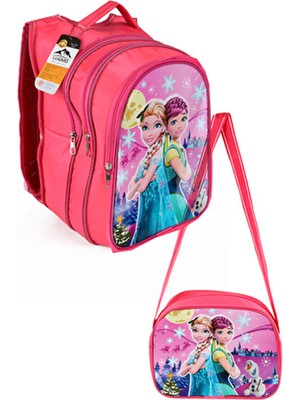 Ortaokul Ilkokul Çantası ve Beslenme Çantası 3 Cepli Pedli Ikili Prenses Pembe