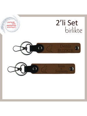 Minnoş Patilere Özel, Kedi Temalı, Kişisel Yazılı 2’li Anahtarlık Seti Hediye, Açık Kahve-A Kahve