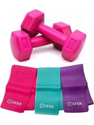Dambıl 1 kg x 2 Fuşya Pilates Drenç Bandı 3 Lü