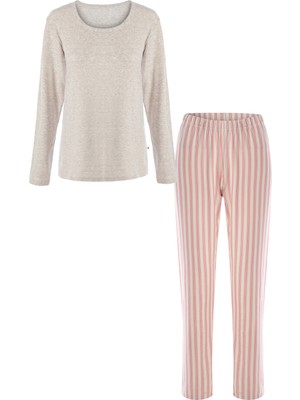 Kadın Pamuklu Kaşkorse Üst Etiket Detaylı Çizgili Pijama Takımı